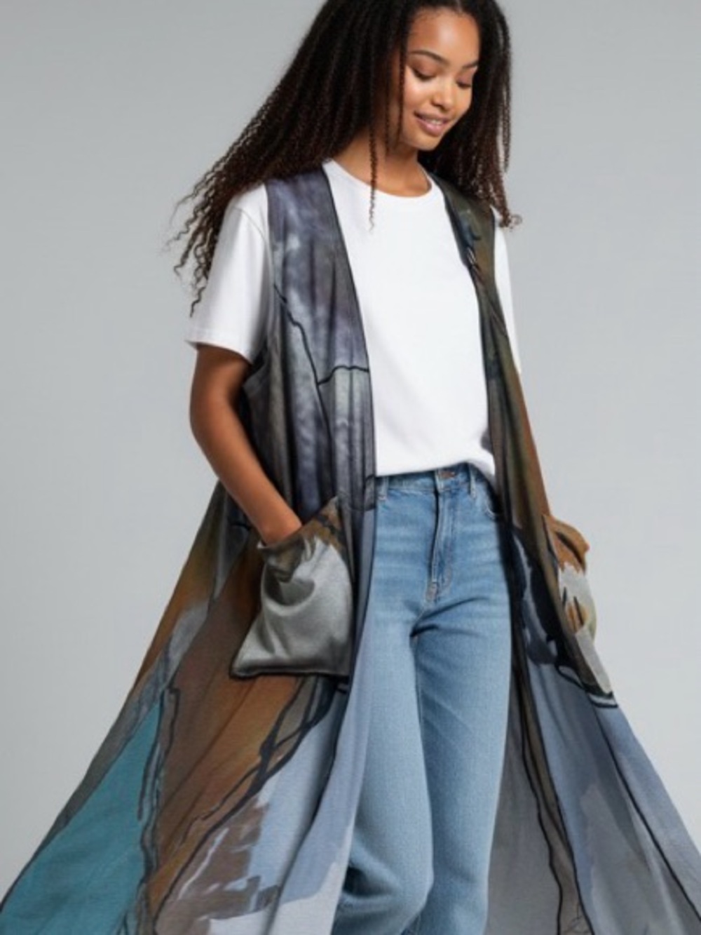 3 Potato Abstract Watercolor Open-Front Long Vest with Pockets Small/Medium